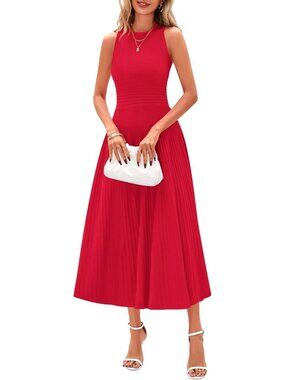 Women's Dress Midi Red Crew Neck Short Sleeveles Pleated A Line Casual Summer